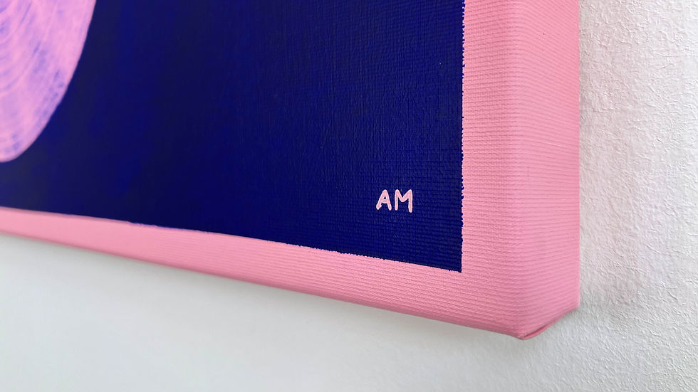 Miniaturbild: Gemälde "mindfuck" in Ultramarinblau und einer Gedankenschleife in Opernrosa und Persischrosa. Detailansicht.