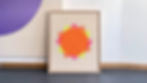 Kunstwerk "everything dissolves 2" mit drei Quadraten in Neon Pink, Orange und Gelb auf Baumwollgewebe im Schattenfugenrahmen