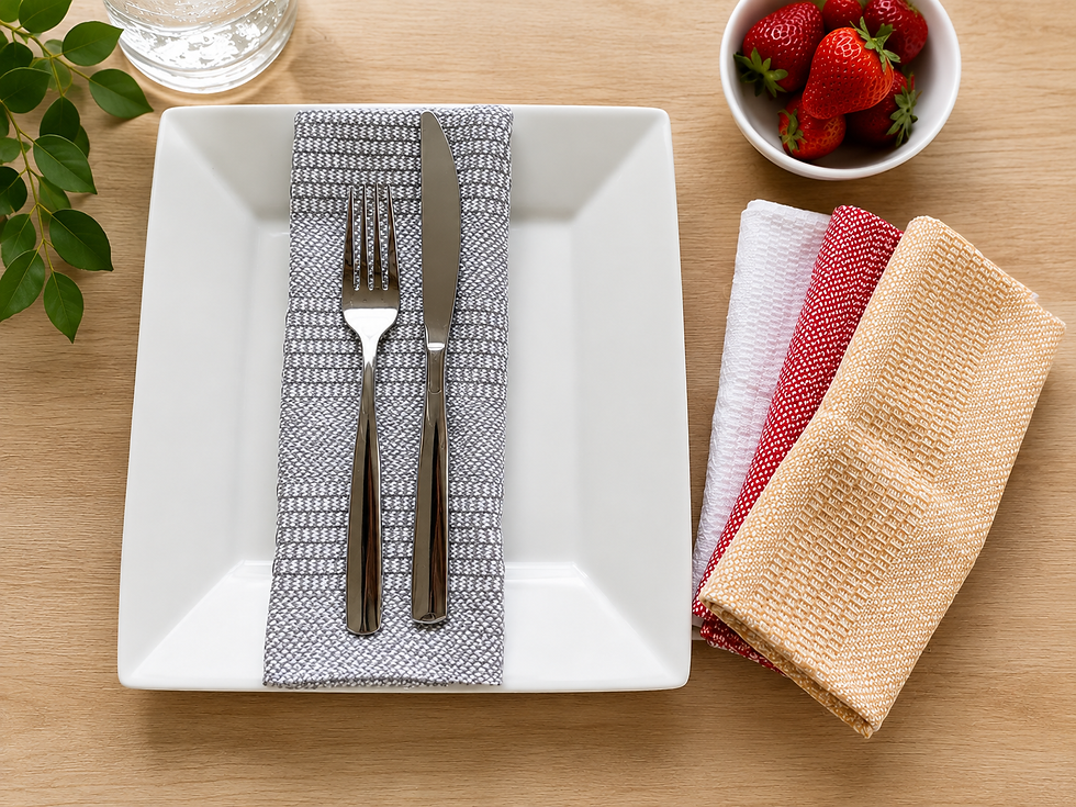 Grey handwoven cotton dinner napkin on a white plate with white, cherry and goldenrod napkins beside it