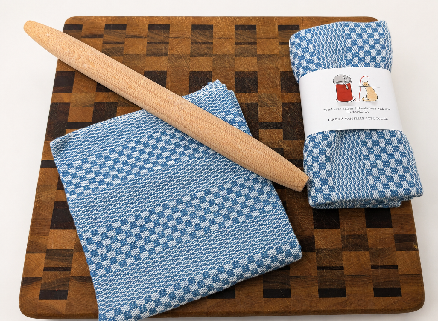 Blue handwoven cotton and linen tea towel with FildeMaGie label