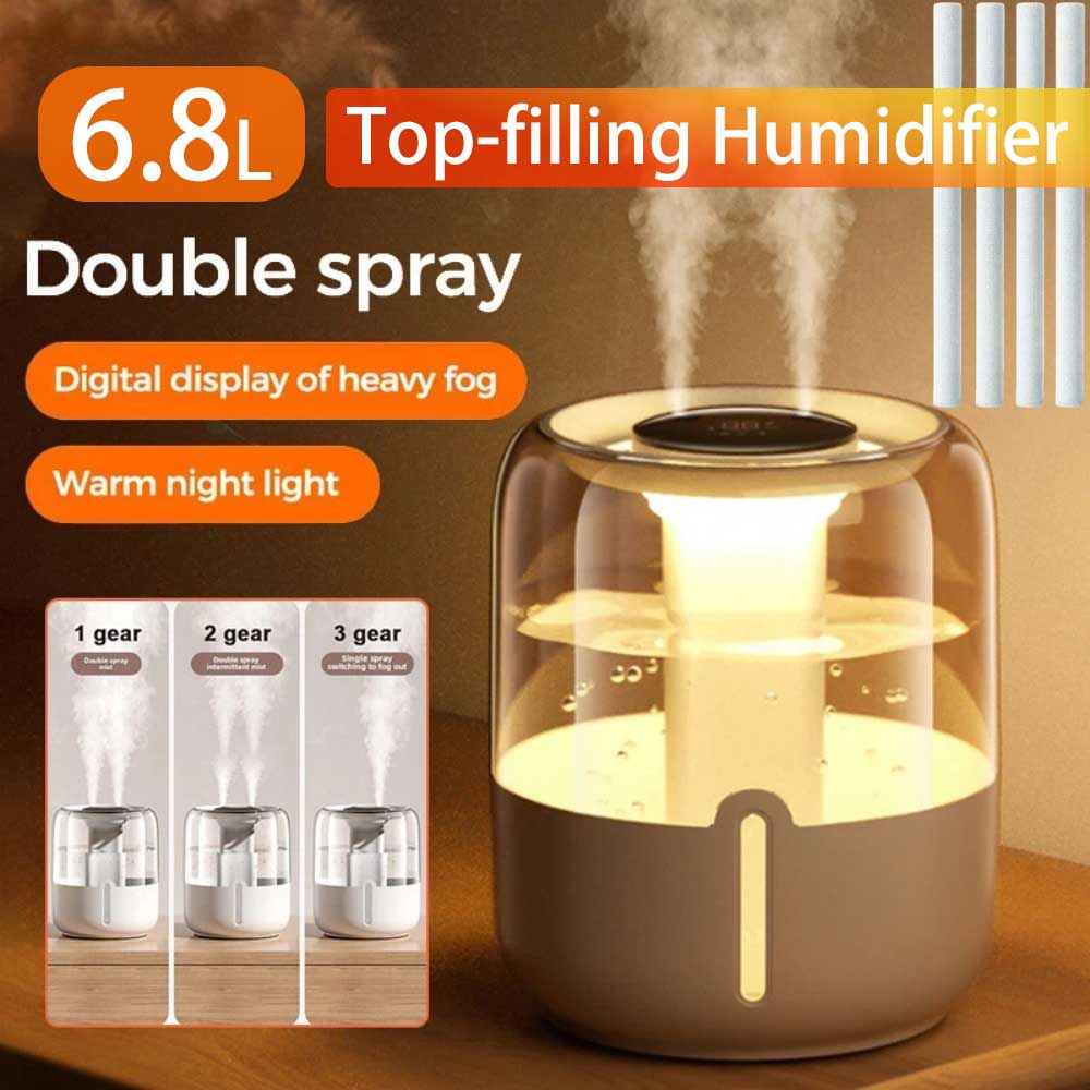 6.8L Air Humidifier 3 Spray Modes Air Purifier Dual Spray Port Ultra-Quiet USB W
