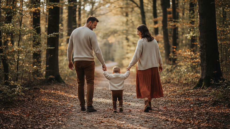 Plan rapproché d’une famille marchant main dans la main dans un sentier forestier en Moselle