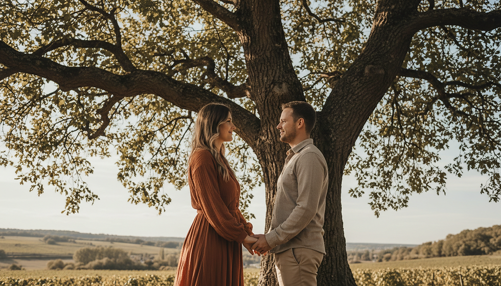 Couple se tenant par la main sous un grand arbre, dans un paysage champêtre en lumière dorée, ambiance tendre.