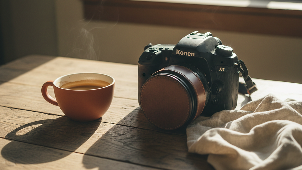 Vue rapprochée d’un appareil photo reflex posé sur une table en bois