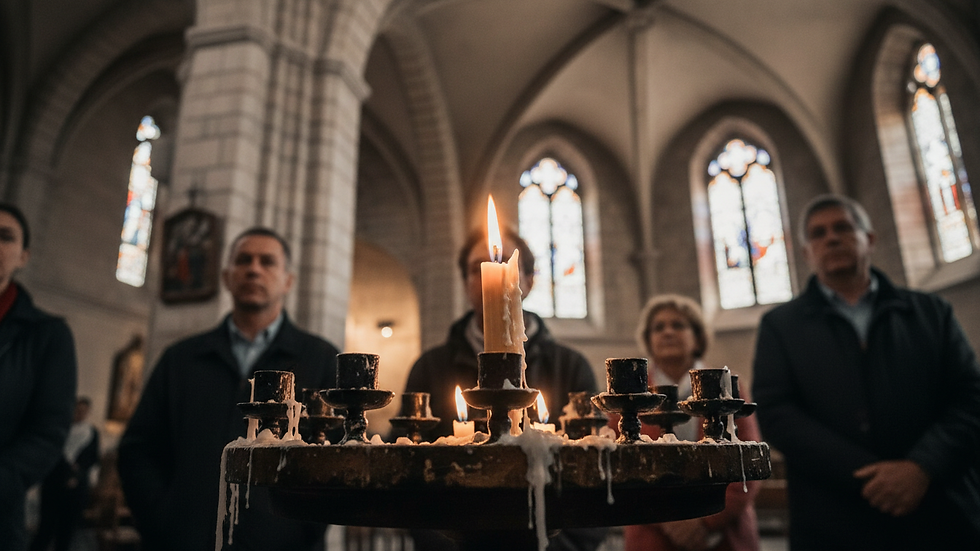 Vue en contre-plongée d’une bougie allumée dans une église à Rombas