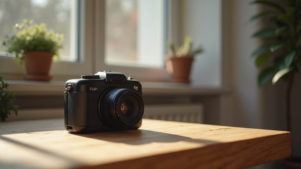 Vue rapprochée d’un appareil photo hybride moderne posé sur une table en bois