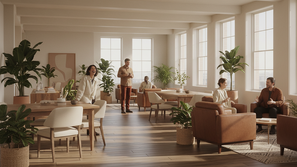 Wide angle view of a bright office space with plants and wooden furniture