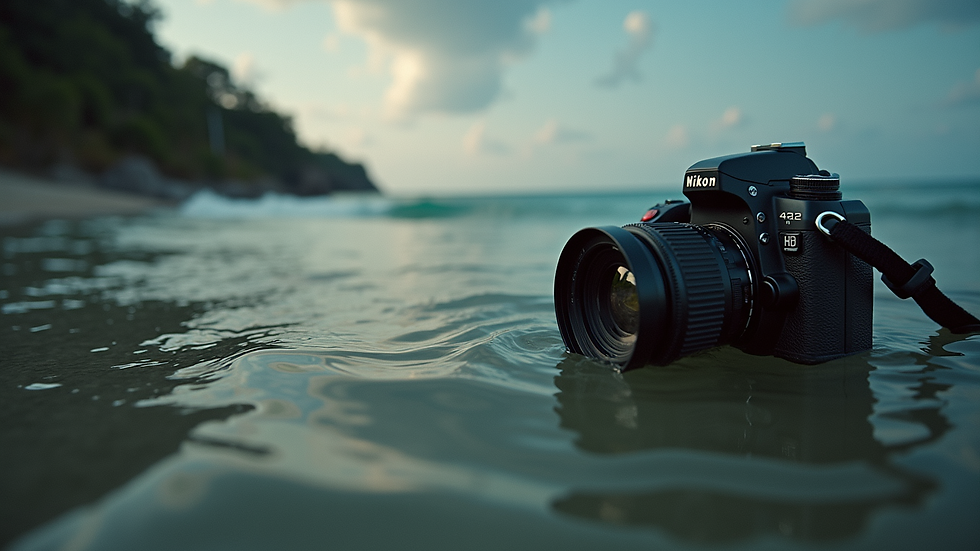 Vue en plongée d’un appareil photo reflex Nikon posé sur un sac de photographe
