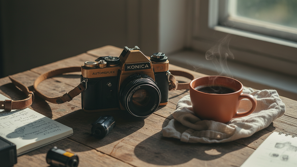 Vue rapprochée d’un appareil photo reflex posé sur une table en bois