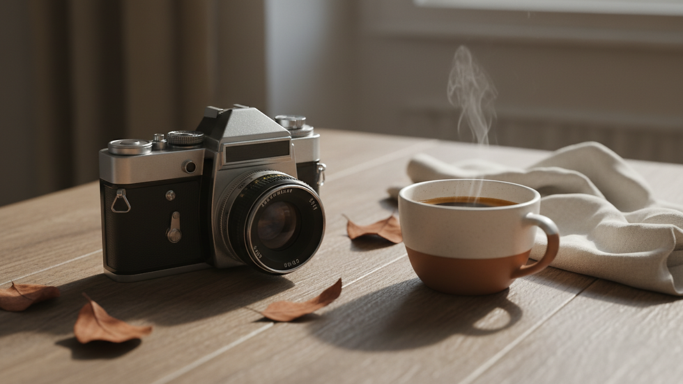 Vue rapprochée d'un appareil photo reflex posé sur une table en bois