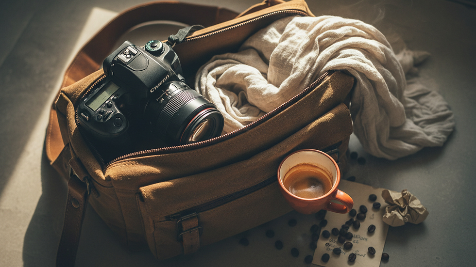 Vue en plongée d'un reflex avec un objectif posé sur un sac de photographe