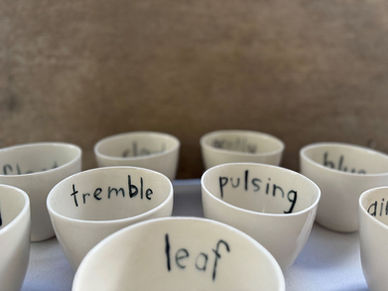 White porcelain cups with writing inside titled Longings by Daylesford artist Irene Holub