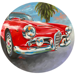 Oil on board as wall art titled Giosofatto ft 1963 Alfa Romeo Giulia Spider by Trentham artist Rosa Fedele