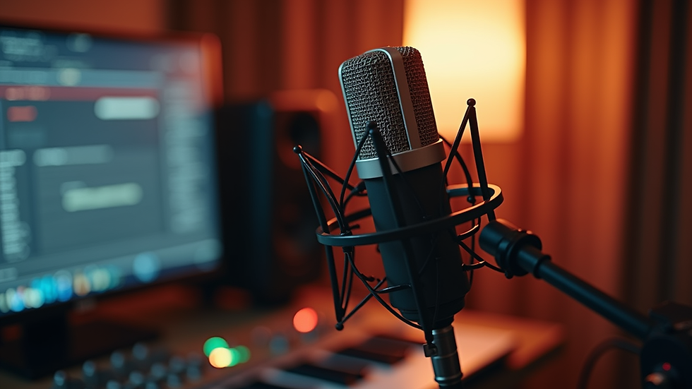 Eye-level view of a microphone setup in a home recording studio