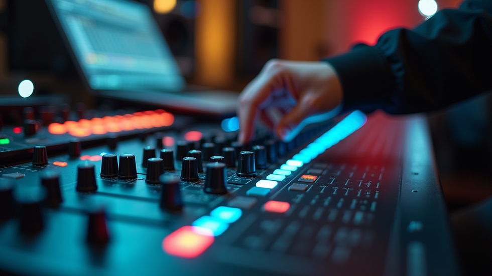 Close-up view of a sound engineer mixing audio levels