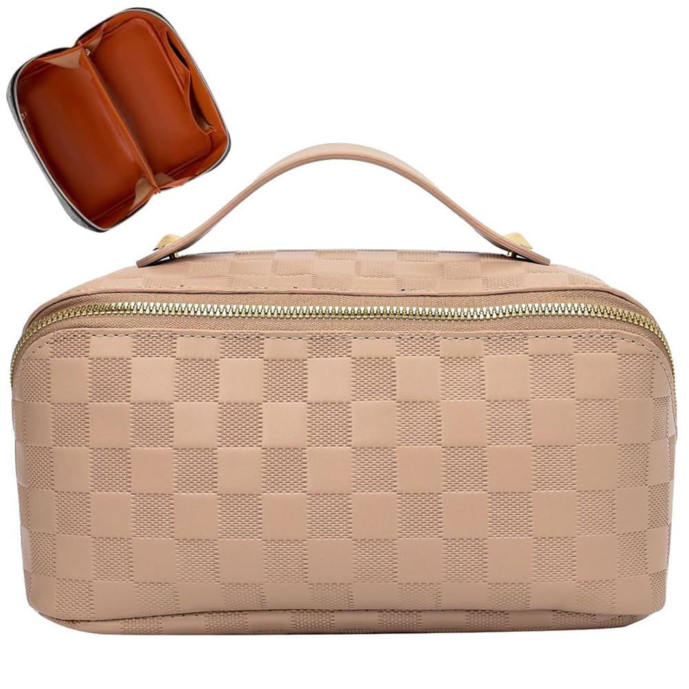 Bolsa de maquiagem bege com estojo de batom