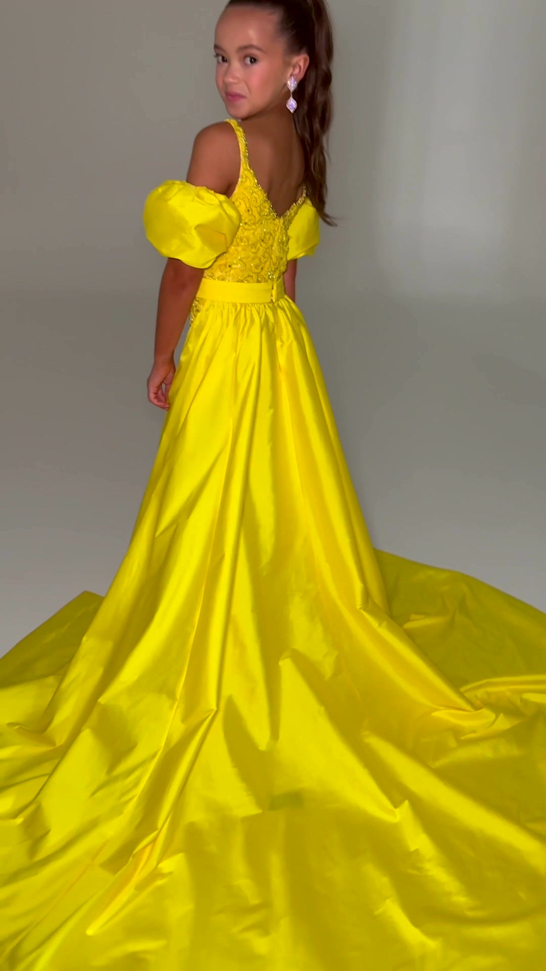 8269 Kids Beaded Jumpsuit with Puff Sleeves and Overskirt