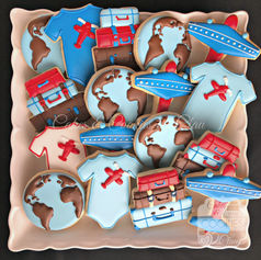 Let the Adventure Begin Boy Baby Shower Decorated Cookies, Airplane Cookies, World Globe Cookies, Luggage Cookies