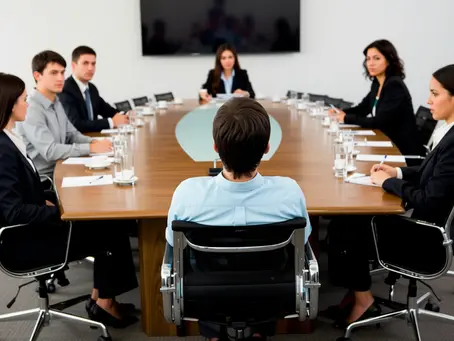 Boardroom meeting with professionals seated around a long conference table, engaged in discussion.