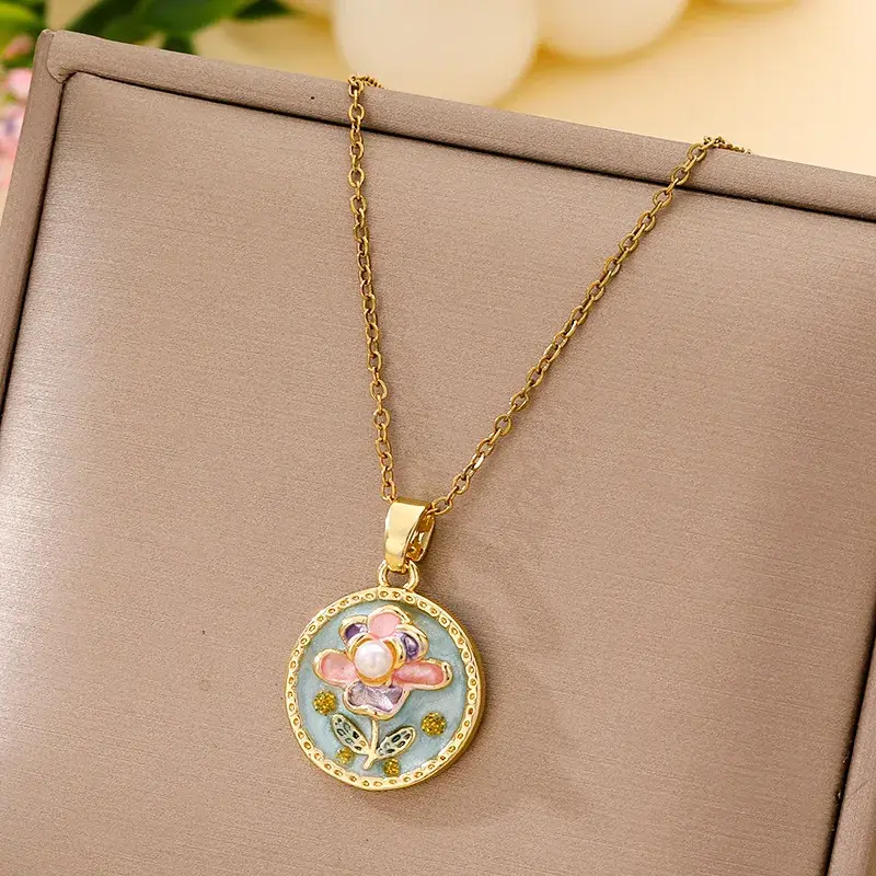 Thumbnail: Hand‑Painted Floral Gold Pendant Necklace