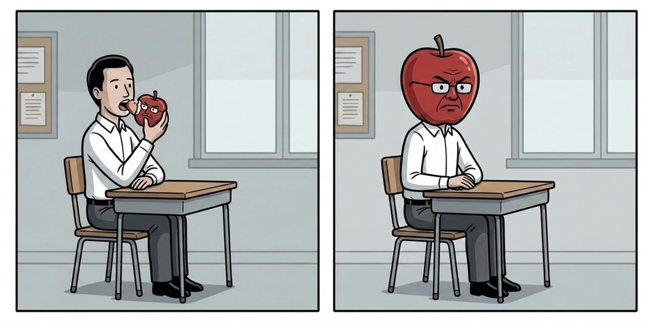 Viñeta doble: hombre muerde una manzana; luego aparece con cabeza de manzana enfadada sentado en un aula.