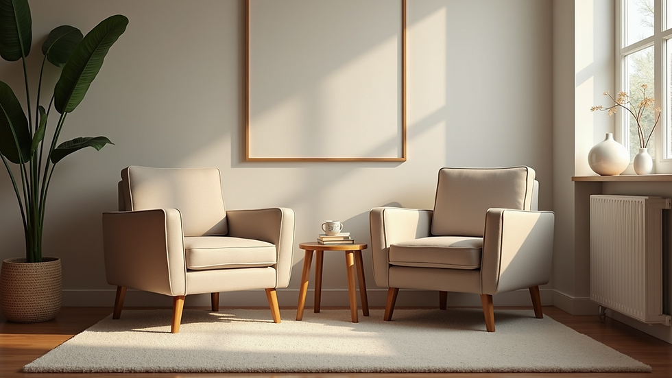 Eye-level view of a cozy therapy room with two chairs facing each other