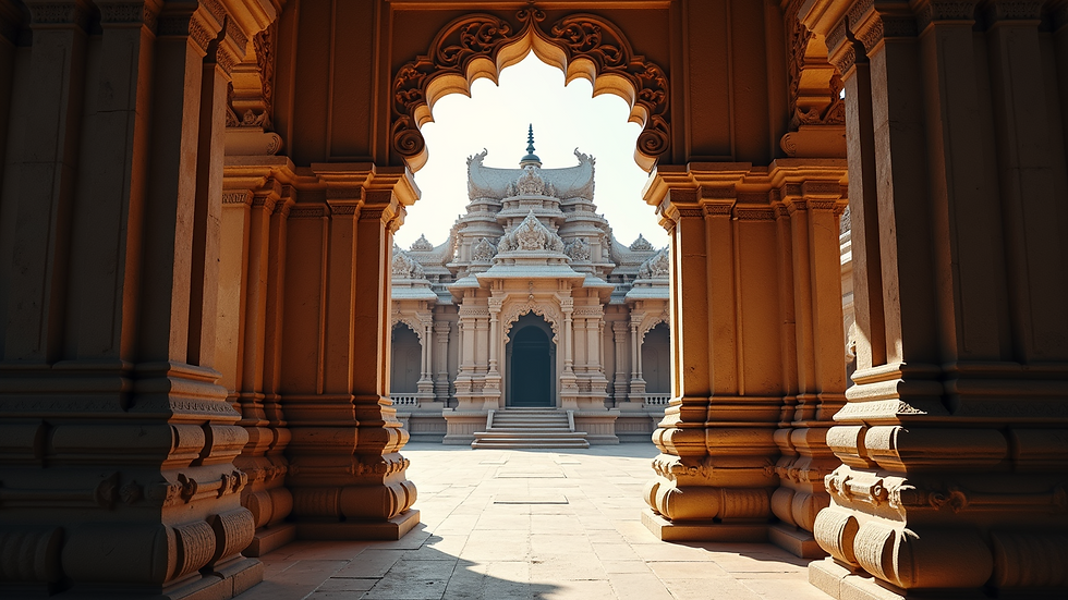 High angle view of a Hindu temple entrance with intricate carvings