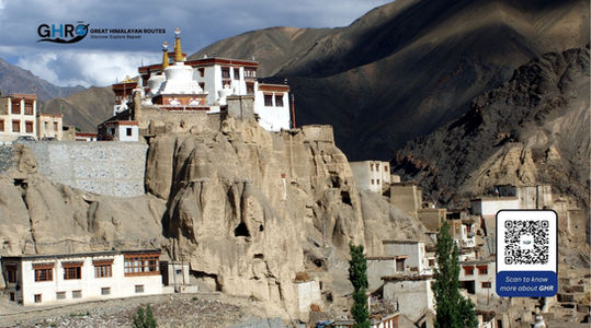 Himalayan monastery with GHR logo and QR code, Great Himalayan Routes, best tour agency in india