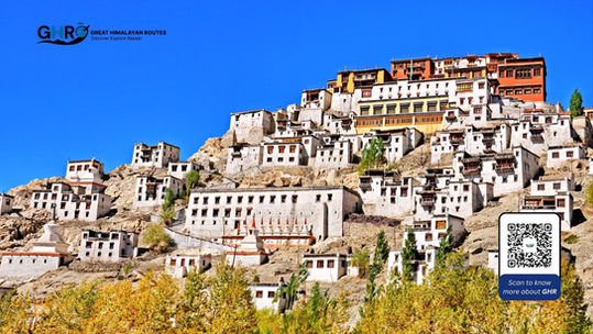White buildings on a hill, text and QR code, Great Himalayan Routes, best tour agency in india