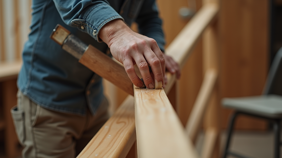 Close-up view of a craftsman applying finish to a wooden staircase handrail