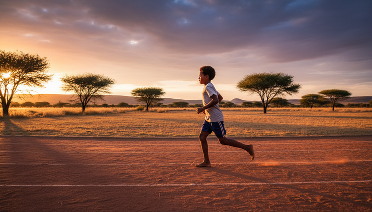 Low-angle view of a child running on a quiet track at sunset
