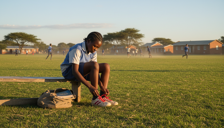 Eye-level view of a child tying running shoes beside a school sports field