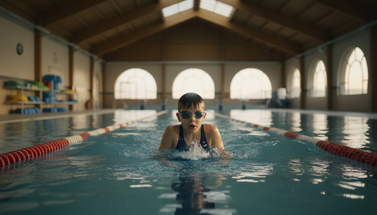 Wide-angle view of a child swimming alone in a quiet indoor pool lane