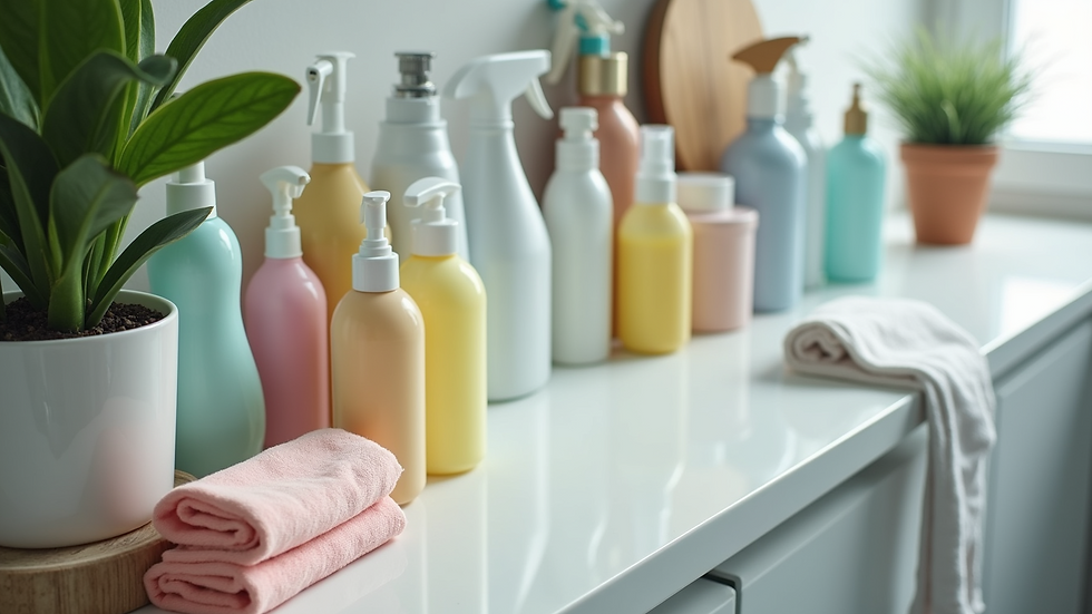 High angle view of cleaning supplies arranged on a countertop