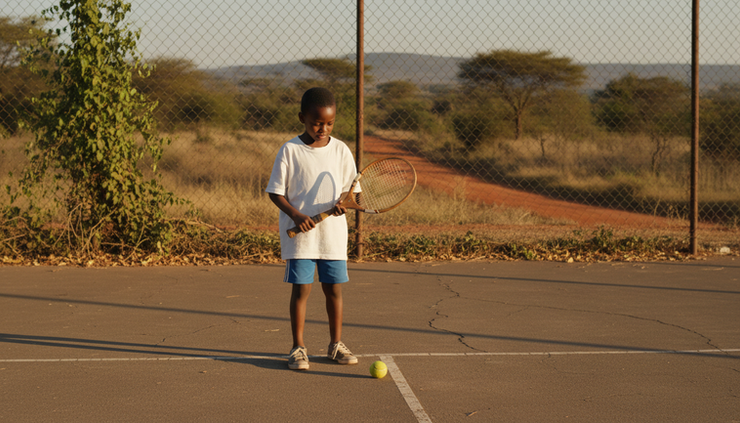 Close-up view of a child holding a tennis racket on a quiet outdoor court