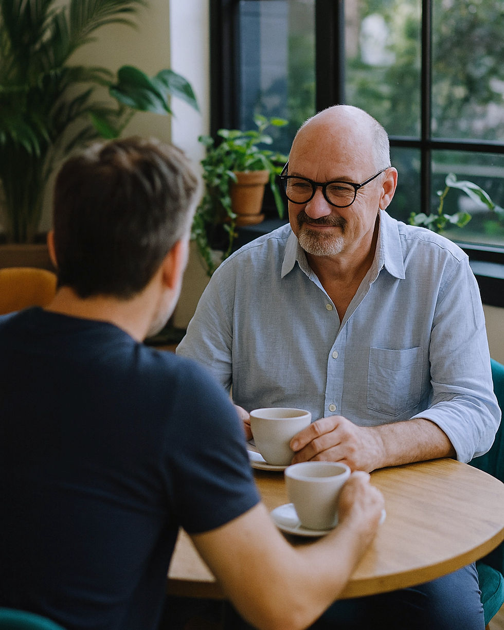 Norman chatting with client in a cafe