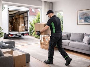 Professionele woningontruiming in Zonhoven waarbij verhuizers dozen uit een leeg te maken woning naar een verhuiswagen dragen voor een snelle en zorgeloze huis leegmaken service.