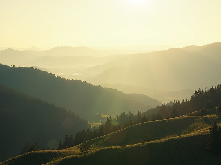 A serene landscape shot of gentle hills in the Cowichan Valley bathed in soft, natural day