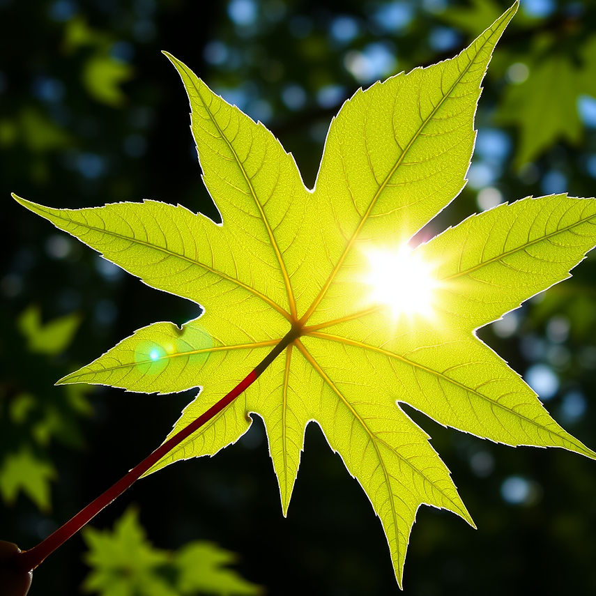 close up of green maple leaf with sun shining on it.jpg