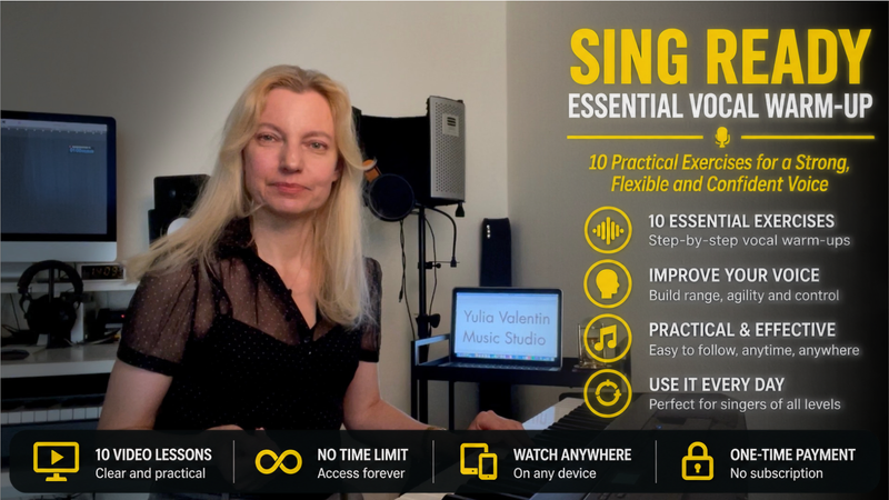 Vocal coach Yulia Valentin at the piano presenting the Sing Ready Essential Warm-Up vocal training p
