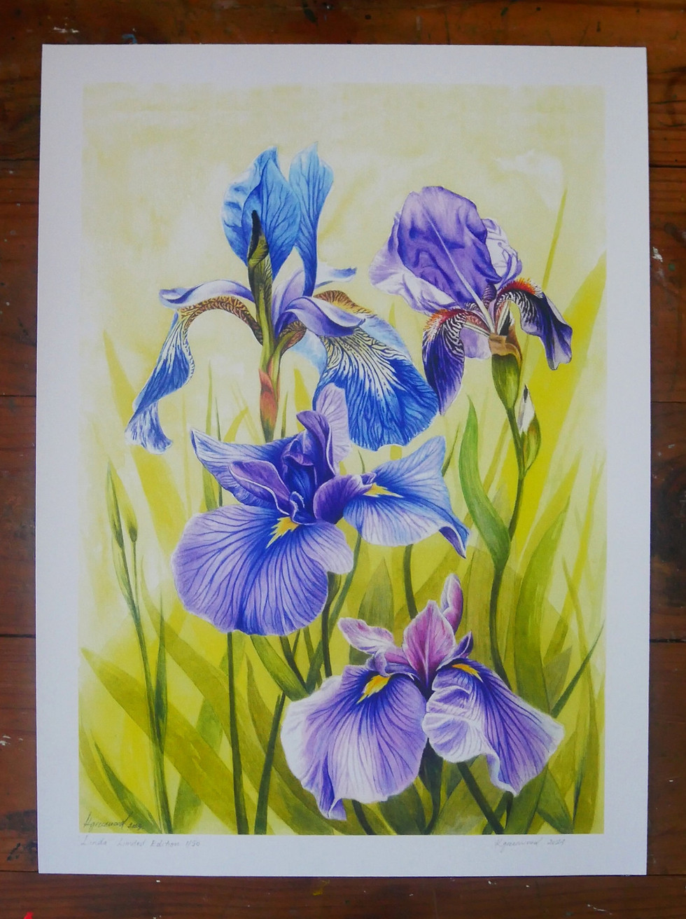 A vibrant painting featuring purple and blue irises, showcasing their delicate petals and rich colors in a serene composition