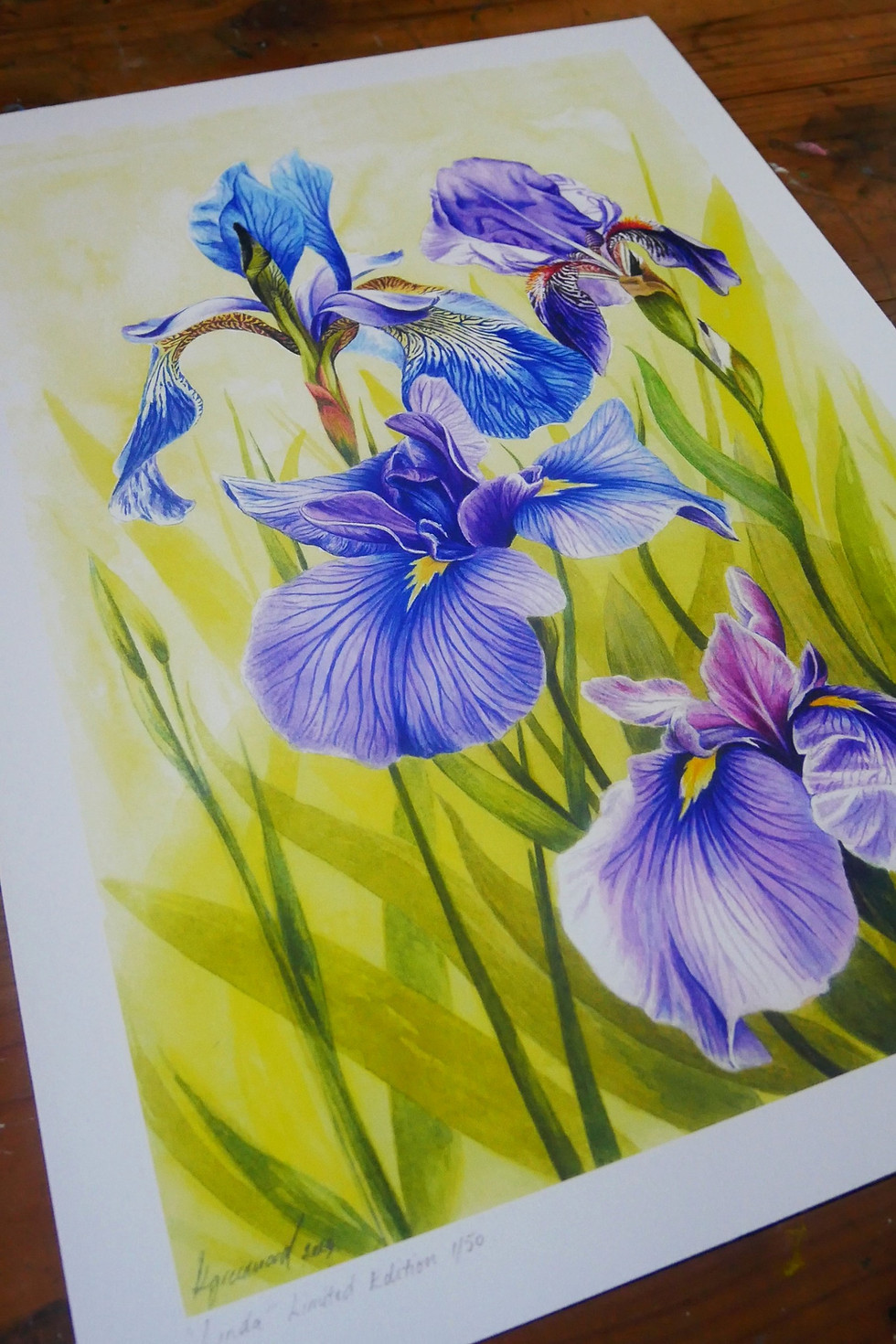 Thumbnail: Detail of an artistic depiction of purple and blue irises, highlighting their elegant shapes and vivid hues.