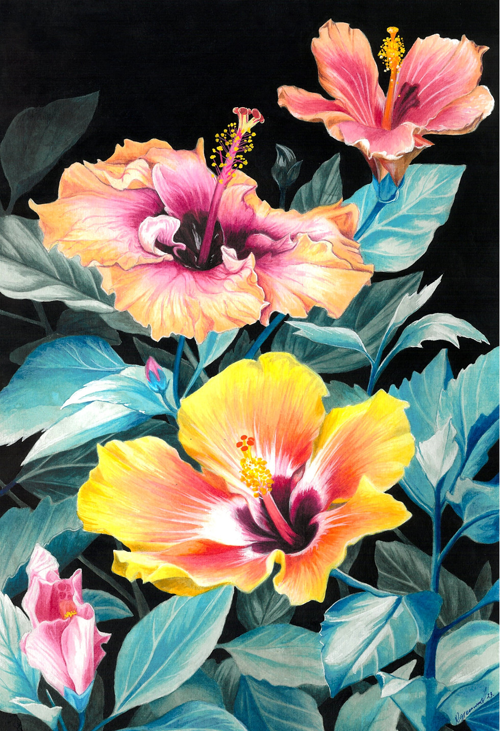 Art print of a vibrant painting featuring orange & pink hibiscus flowers by artist Kristina Greenwood.
