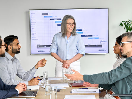 A meeting with a happy leader