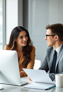 a man and a woman professionally dressed in a business meeting discussion with a computer.