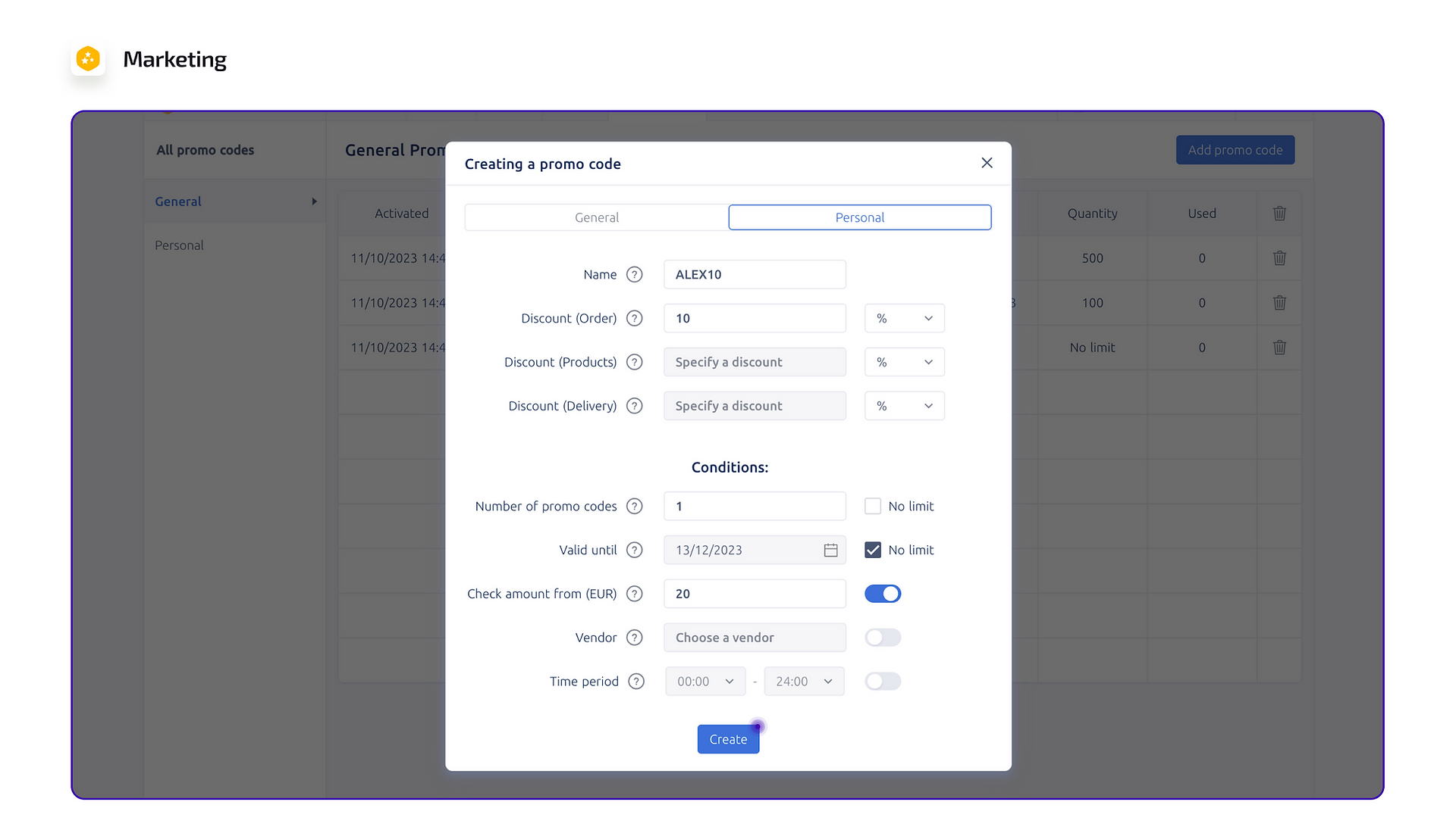Personal promo codes screenshots from a marketing panel of a Playfood food delivery platform