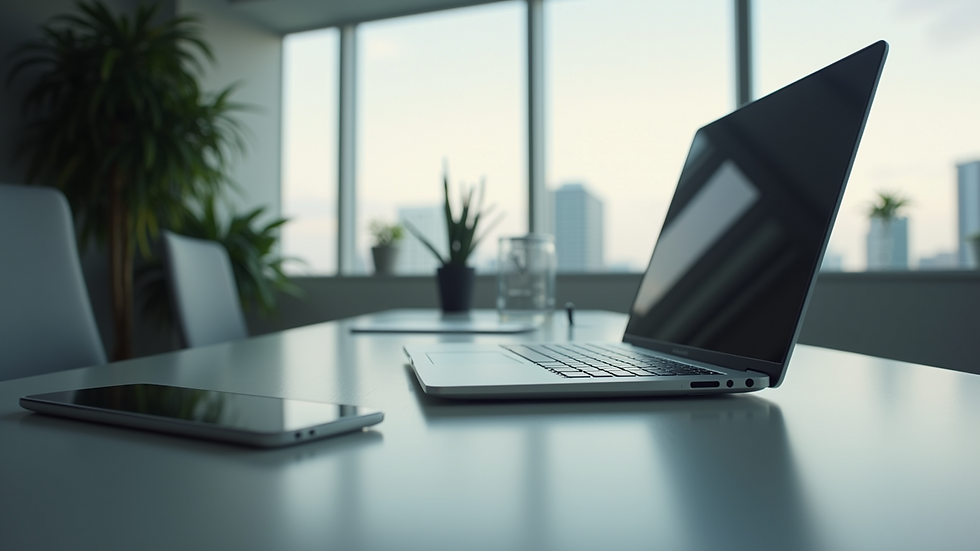 Eye-level view of a modern workspace with a focus on a sleek desk and a laptop