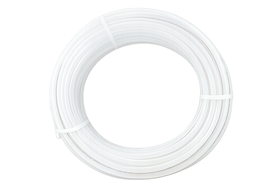 Coil of white PEX-B tubing for residential potable water systems.
