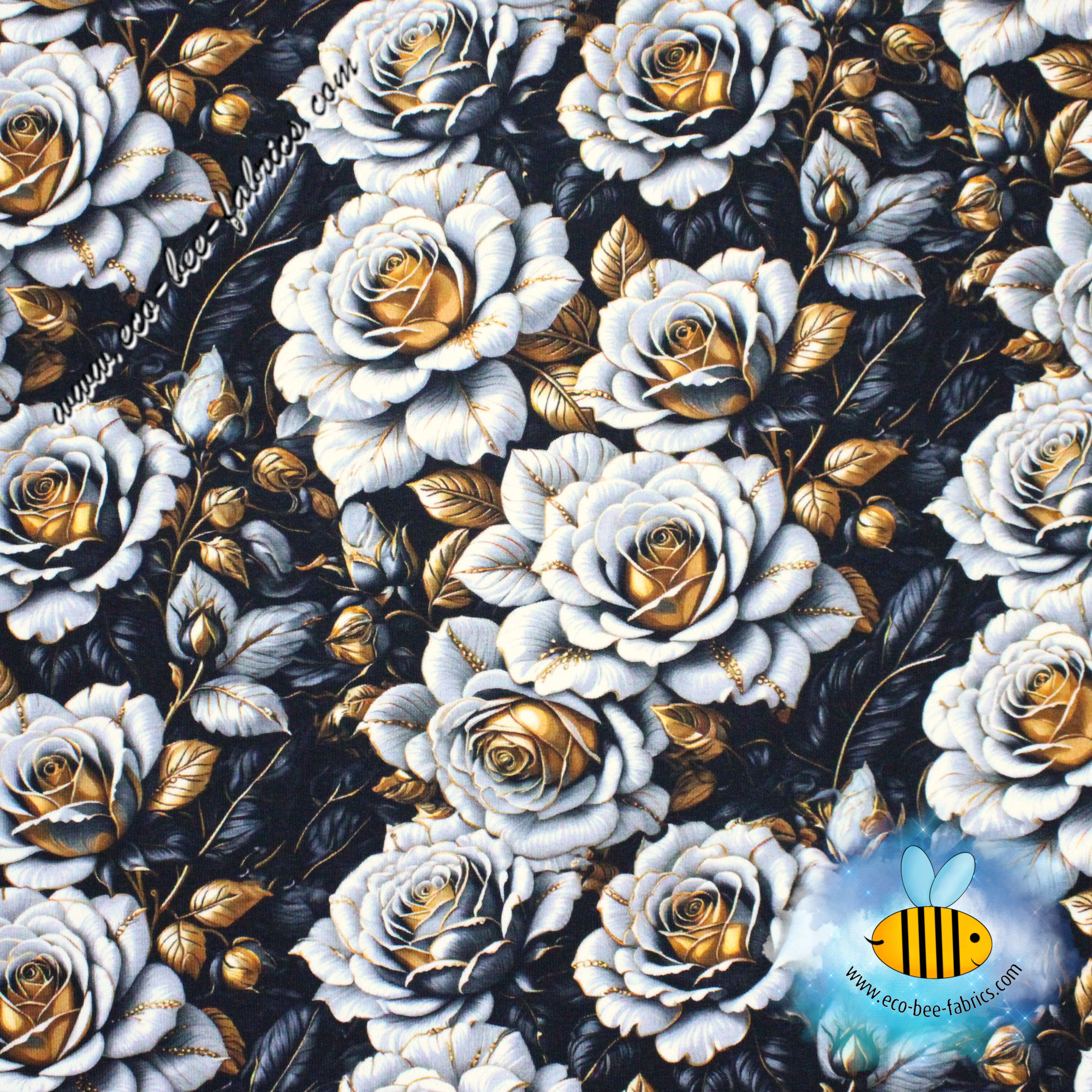 White&gold roses on black background - french terry
