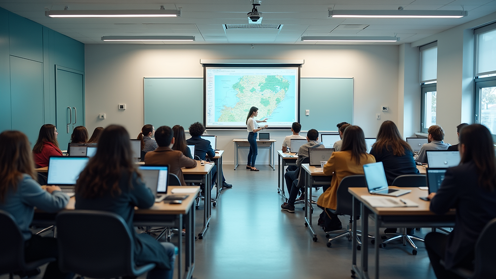 High angle view of a modern classroom with interactive learning tools